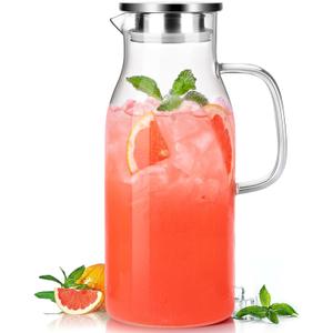Glass Pitcher with Lid, 2 Liter 68oz Water Pitcher with Handle for Fridge, Large Drink Jug for Iced Tea, Coffee, Juice, Borosilicate Glass Carafe for Hot/Cold Brew Beverage, Heat Resistant