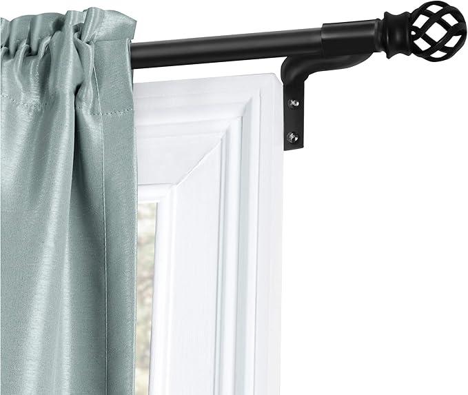 Curtain Rods for Windows 48 to 120 Inches, Adjustable Single Decorative Cafe Rod, Easy to Install Window Curtain Rod with Perfect Leveling and No Measuring, with Cage Finials, Black Decorative Finial