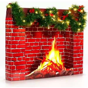 Feifeiya 24.4 x 19.7 Inch Christmas Fireplace Decoration Set Included 3D Red Brick Stand-Up- Fake Cardboard Fireplace, 9.8ft Green Garland, LED String Light, Red Bows for Christmas Decor