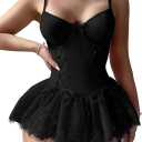Foxiny Sexy Choker Corset Underwire Lace Sheer Garter Stockings Babydoll Lingerie Set with Thong 4 Piece Outfits Women Bustier Push Up See Through Matching Bra Panty Underwear Black, Medium