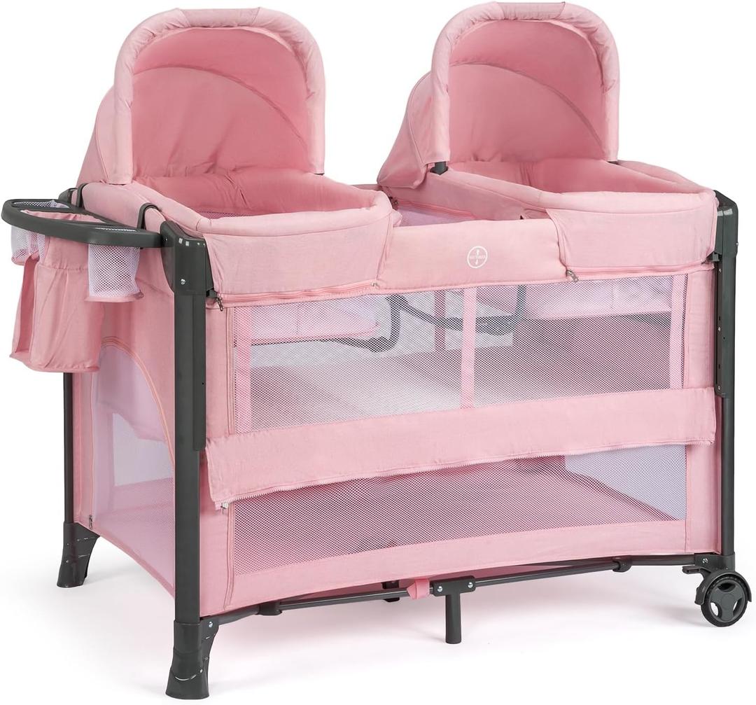 JOYMOR Twin Bassinet for Baby, Pink Bedside Bassinet, Convertible to Bedside Baby Bed and Playpen, with Wheel, Brake, Quick Foldable, Pink