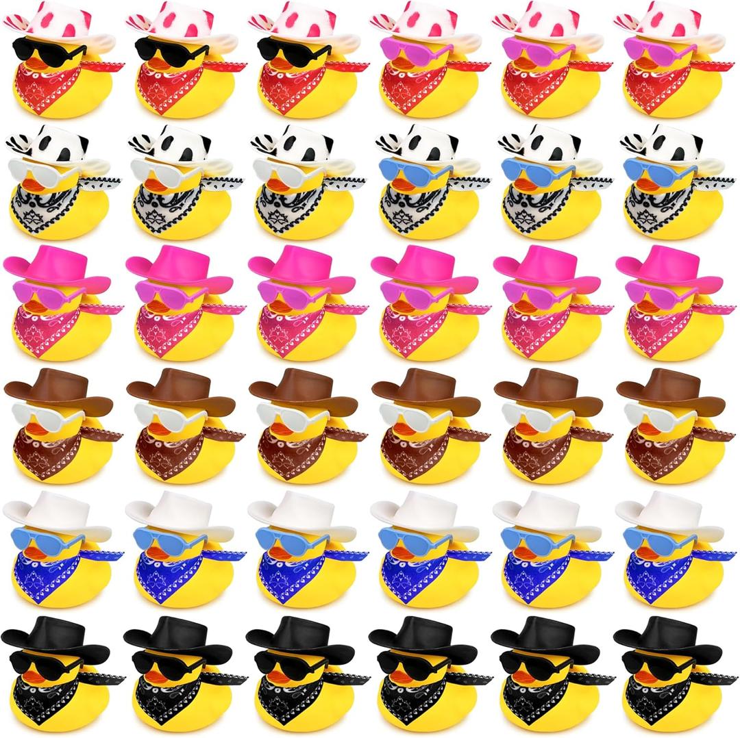 36 Sets Cowboy Ducks with Mini Hat Scarf and Sunglasses Mini Bath Duck Toys for Birthday Swimming Party Gift Favor Decorations