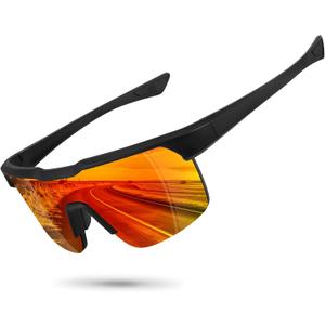 Sports Polarized Sunglasses for Men Women UV Protection Cycling Fishing Bike Running Sun Glasses Unbreakable (Matte Black Frame/Red Mirror Lens)