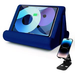 Multi-Angle Tablet Stand with Soft Pad Cushion and Net Pocket - Universal Phone and Pad Holder for Lap, Knee, Sofa and Bed (Navy Blue)