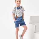 Toddler Baby Boy Outfits 12-18M Boys Dress Clothes Suit Cotton Linen Short Sleeve Shirts+Bowtie+Suspender Shorts Set (Blue)