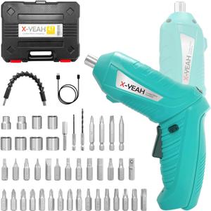 X-YEAH Small Electric Screwdriver, 3.7V Rechargeable Cordless Screwdriver with LED Light, Electric Screwdriver Kit Includes 45pcs Bit Set, USB Charging Cable, Carrying Case