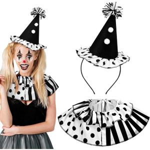 2 Pcs Halloween Clown Costume Set Jester Hat Headband Ruffle Collar Accessory Joker Outfit for Halloween Cosplay (Black, White)