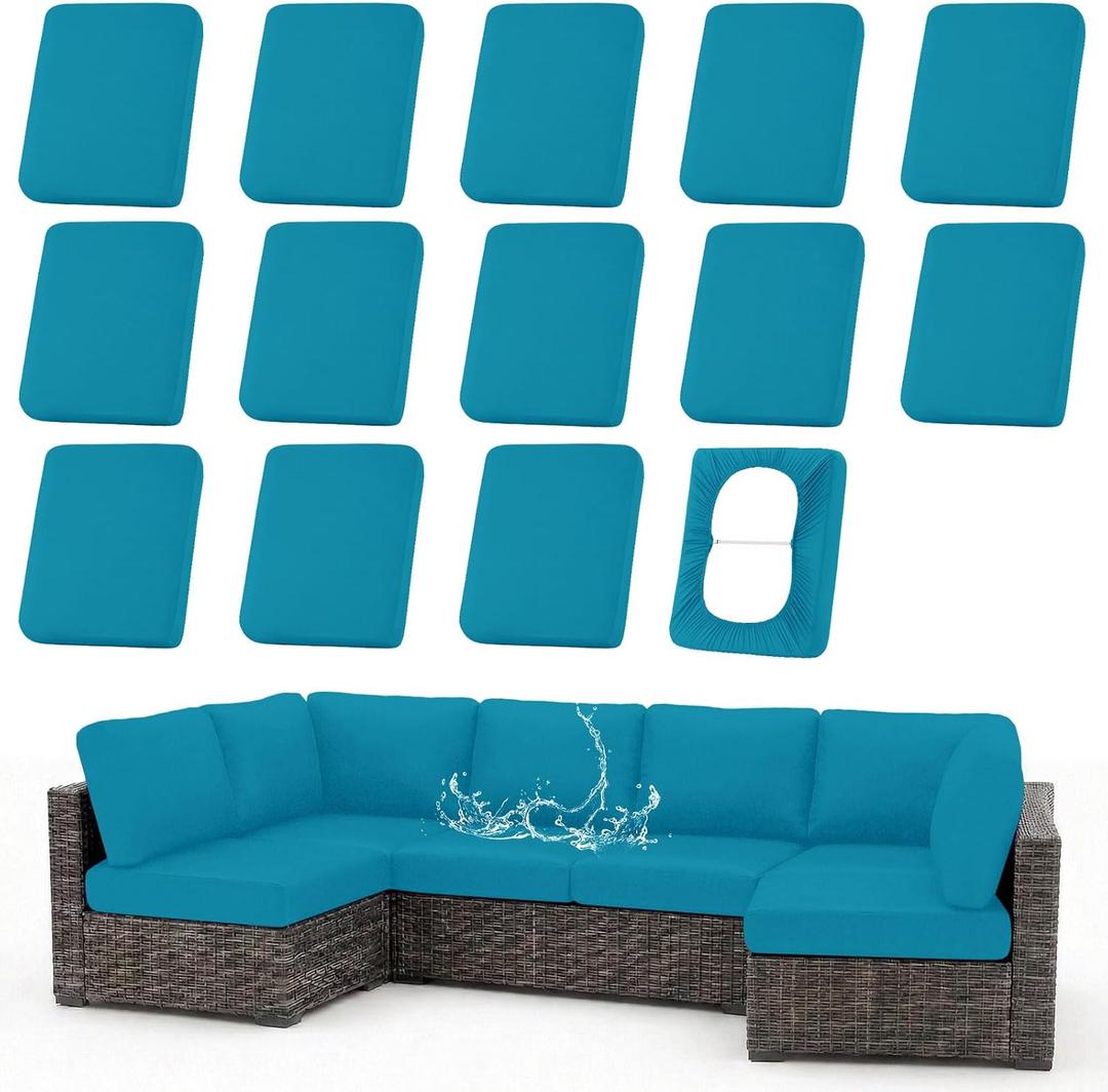 Waterproof Outdoor Cushion Covers, Stretch Patio Slipcovers | UV Resistant Coating, Stretch Fabric, Waterproof Protection, Replacement Covers, Fits Patio Furniture Cushions (14 Pieces)