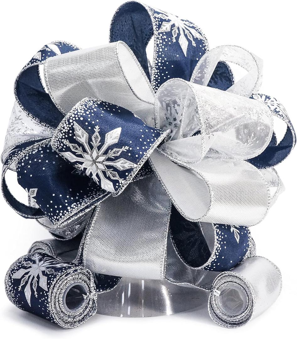 CT CRAFT LLC Blue Snowflake Christmas Tree Topper Bow 11" with 4 Ribbon Streamers x 3 Yards Long Each for Holidy Elegant Fancy Home Dcor Indoor