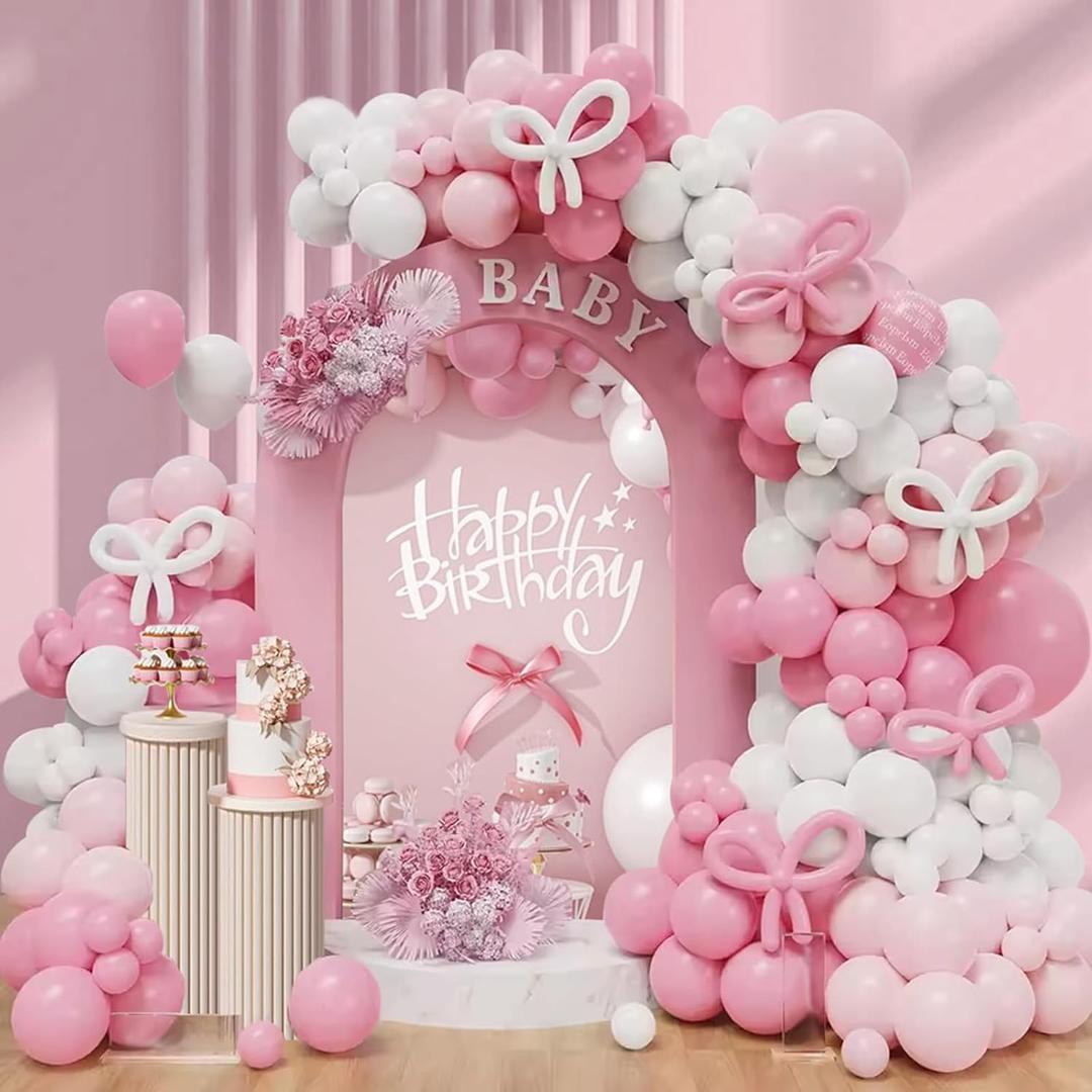 Lattua Pink Bow Balloon Garland Arch Kit - 141PCS Shatterproof Balloons with Bow Decor, Easy Setup for Birthdays, Baby Showers, Anniversaries, Girls & Women Party Decorations