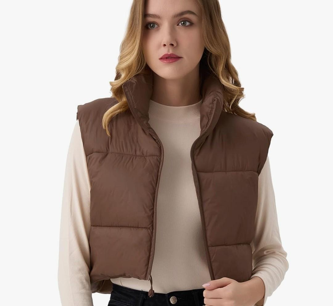ANAYSN Women's Cropped Puffer Vest Lightweight Sleeveless Warm Vests For Women Winter Stand Collar Padded Gilet M