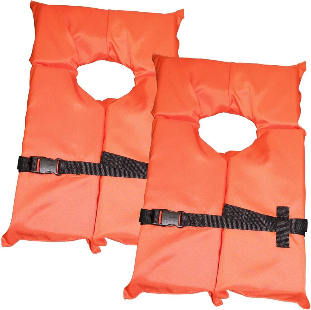 2 Pack Coast Guard Approved Life Jackets. High Visibility Color Type II Keyhole Life Vest in Classic May West Style. Compliance Flotation Device (Adult Orange)