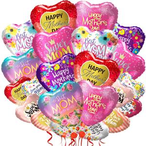 24Pcs Happy Mother's Day Balloons - 12Pcs 18'' and 12 Pcs 10'' Aluminum Foil Heart Balloons for Mother's Day Grandmother Birthday Party Decorations