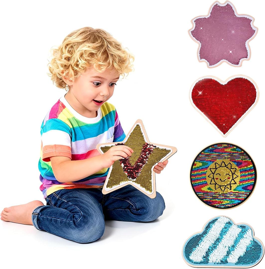 5-Pack Sequin Sensory Panels for Kids 9.8'' Reversible Sequin Fabric Panels with Wooden Base for Kids