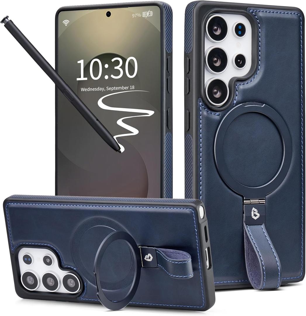 for Samsung Galaxy S25 Ultra Case Leather with Stand, Anti-Slip Grip Ring, Fits for MagSafe (Navy, S25 Ultra)