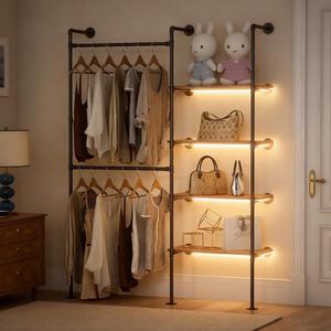 Industrial Pipe Clothes Racks with LED Lights& Shelves, Heavy Duty Adjustable Garment Hanger with Shelves, 2 Installation Methods Closet Storage System for Wardrobe Organization (Black)