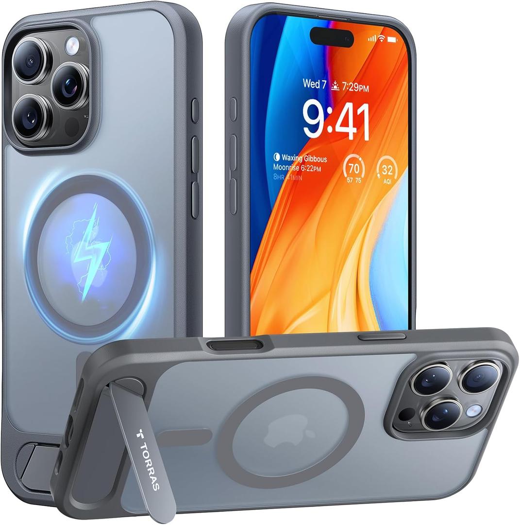 TORRAS Strong Magnetic & Seamless Stand for iPhone 16 Pro Max Case, Fit for MagSafe, Military Grade Drop Protection, Adjustable Kickstand Phone Case for iPhone 16 Pro Max, Slim Natural Titanium Grey