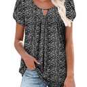 onlypuff Womens Tops Short Sleeve Cute Summer Clothes Pleated Plus Size Front Dressy Casual Blouses DenseBlack Floral XL
