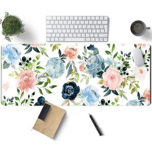 Gaming Green Desk Mat Desk Mouse Pads Purple Blue Pink Floral Mouse Pad Large, XL Big Computer Keyboard Mouse Mat Desk Pad Mat with Stitched Edge for Women Home Office Decor Deskmat 31.5x11.8 in