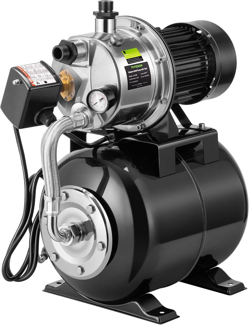 VIVOSUN 1.6 HP Shallow Well Pump with Pressure Tank, NSF Certified, 1320 GPH, Stainless Steel, Automatic Water Booster Jet Pump with Two Adapters for Home, Garden, Lawn