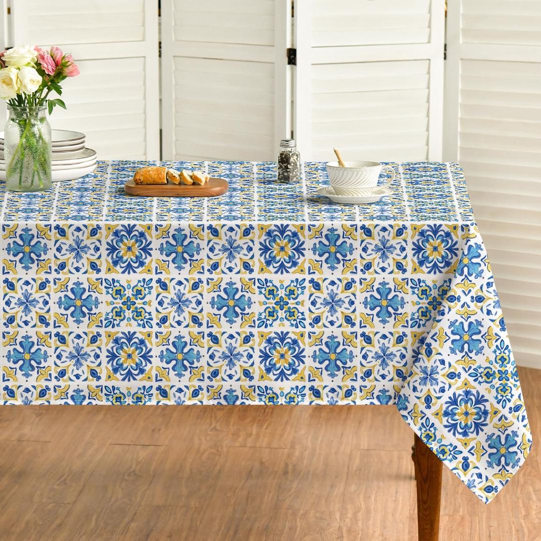 Horaldaily Spring Summer Blue Tablecloth, 60×104 Inch Rectangular, Talavera Mexican Tiles Pattern Table Cover for Birthday Party Home Dinner Kitchen Table Decor