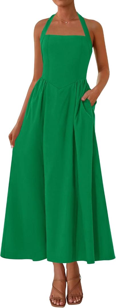 KIRUNDO Summer Dresses for Women 2026 Halter Maxi Wedding Guest Party Cocktail Semi Formal Elegant Classy Long Sundress (M)