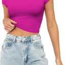Allimy Womens Summer Short Sleeve Slim Fitted Tshirt Round Neck Ribbed Crop Tops (Pink)