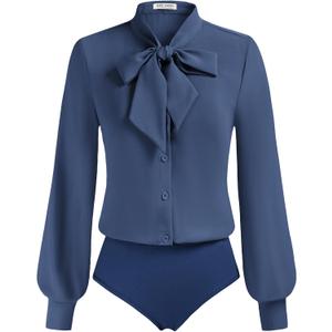 Kate Kasin Women Bow Tie Neck Office Blouse Button Down Long Sleeve Bodysuits Blouse Top, S
