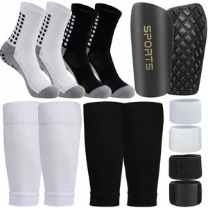 2 Pair Kids Grip Soccer Socks and 2 Pair Shin Guard Sleeves,1 Pack Shin Guards and 4 Shin Straps for Soccer Football Sports (Medium, White/Black)