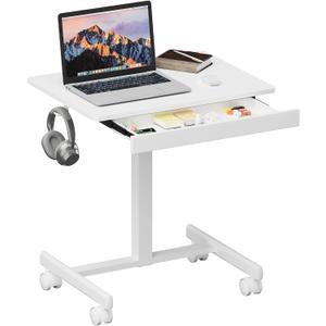 Rolling Standing Desk with Drawer, Pneumatic Laptop Desk (White)Height adjustable rolling laptop desk with storage drawer, side hook and lockable wheels for home office, white.