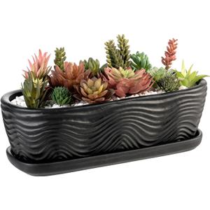 MyGift 13.5 inch Succulent Planter Pot, Oval Modern Ceramic Plant Box Container with Wave Textured Pattern and Removable Saucer Drip Tray (Black)