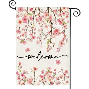 Baccessor Spring Summer Welcome Garden Flag 12.5 x 18 Inch Double Sided Burlap Pink Floral Cherry Blossom Farmhouse Small Yard Flag Summer Holiday Seasonal Outdoor Outside Decoration