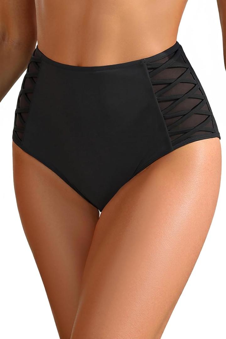 Tempt Me Women High Waisted Bikini Bottom - Tummy Control Swimsuit Full Coverage Bathing Suit Side Mesh Swim Bottom 2025 (Black)