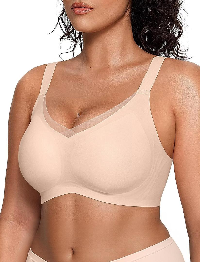 Vertvie Wireless Bras for Women No Underwire Supportive Mesh Crossover Bra Seamless Push Up Full Coverage Everyday Bralettes (Medium, Nude)