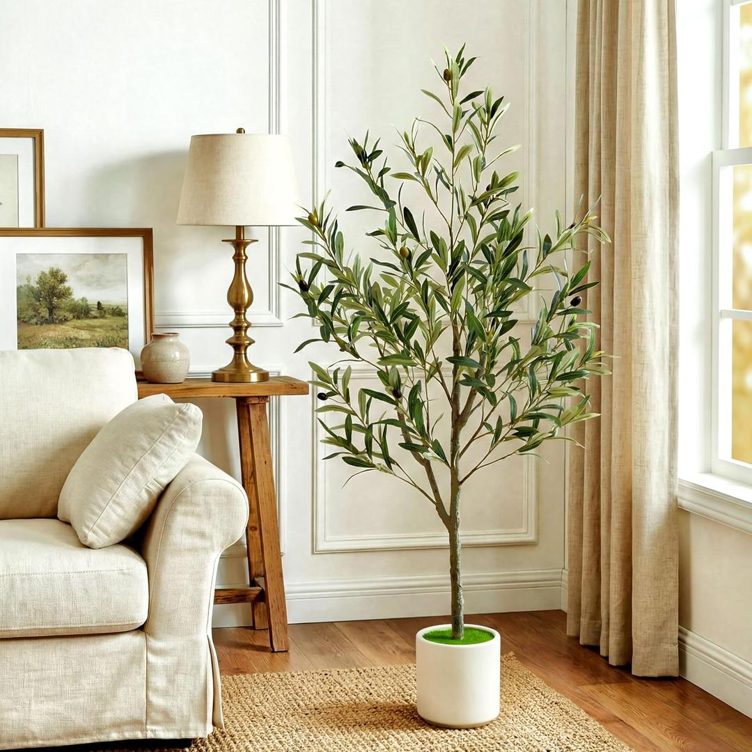 Fake Olive Trees Artificial Indoor 4FT with White PotLifelike Branches and Fruits,Faux Olive Tree,Maintenance Free, Easy To Shape,Perfect for Home Office Living Room Décor
