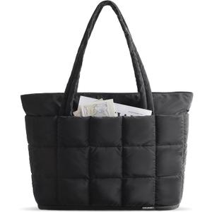 BAGSMART Expandable Tote Bag for Women, Puffer Work Tote Handbag, Quilted Carry On Bag for Travel Gym (Large, Black)