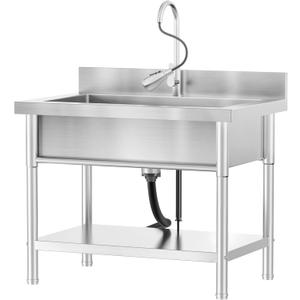 Stainless Steel Utility Sink Single Bowl Freestanding Laundry Sink with Pull-Out Faucet,for Laundry Room Farmhouse Indoor and Outdoor Sink Pet Cleaning