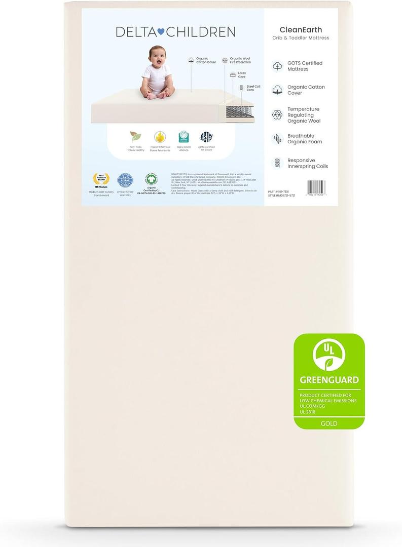 Delta Children CleanEarth Certified Organic Crib and Toddler Mattress – GOTS Certified, Non-Toxic Breathable Baby Mattress - Regulates Temperature