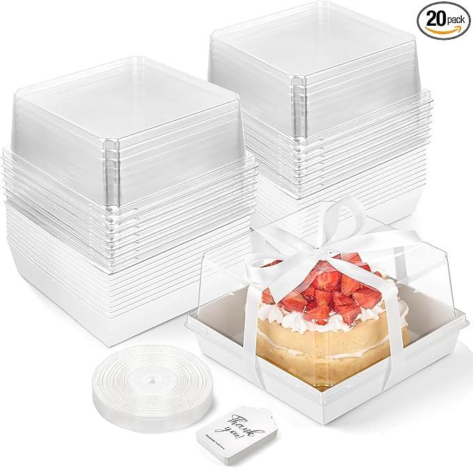 7 x 7 x 4 Inches Paper Cake Boxes with Clear Lids, 20 Pack Disposable Charcuterie Boxes Square Food Containers for 4-6 Inch Cake, Dessert, Pie, Cupcake, Bakery (White)