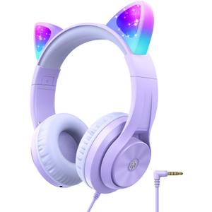 iClever Kids Headphones with Cat Ear Led Light Up, Safe Volume Limite Wired Headphones with FunShare Foldable Over-Ear Headphones for Kids/School/iPad/Tablet/Travel, Meow Donut-Purple (Medium)