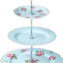 BTaT- Floral 3 Tier Cake Stand, Porcelain, Pastel Blue with Pink Roses & Gold Trim, 3 Tiered Dessert Stand for Cookies, Cupcakes & Fruits, Dishwasher Safe