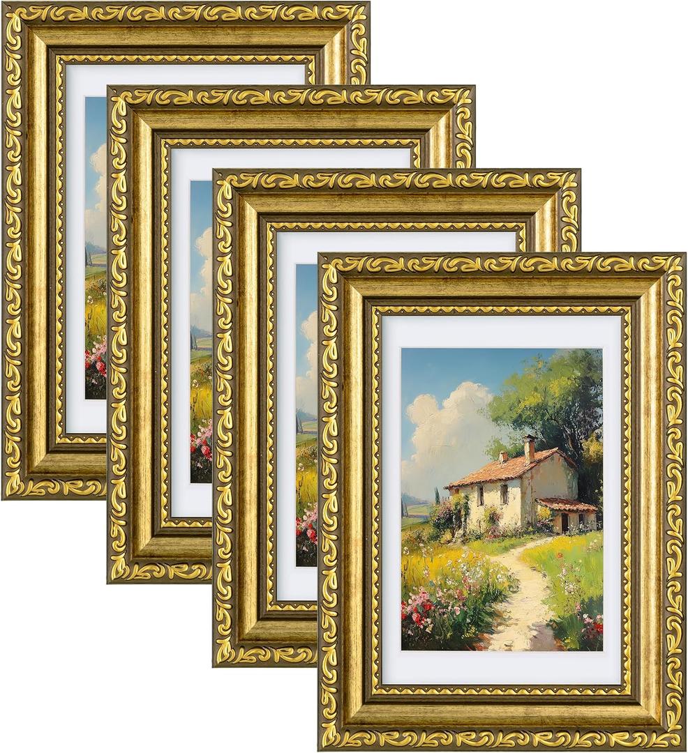eletecpro 4x6 Picture Frames Set of 4, Retro Frames with Glass Cover, Vintage Gold Photo Frame 4 by 6 Displays 3.5x5 Photo with Mat or 4x6 without Mat for Tabletop or Wall Decor, Gold
