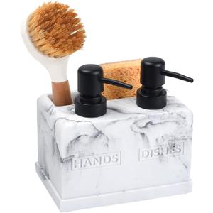 Kitchen Soap Dispenser Set,with Liquid Hand and Dish Soap,Sponge Holder and Brush Holder 4-in-1 Dual Soap Dispenser Set for Kitchen Sink, Bathroom - Artificial White Marble Look