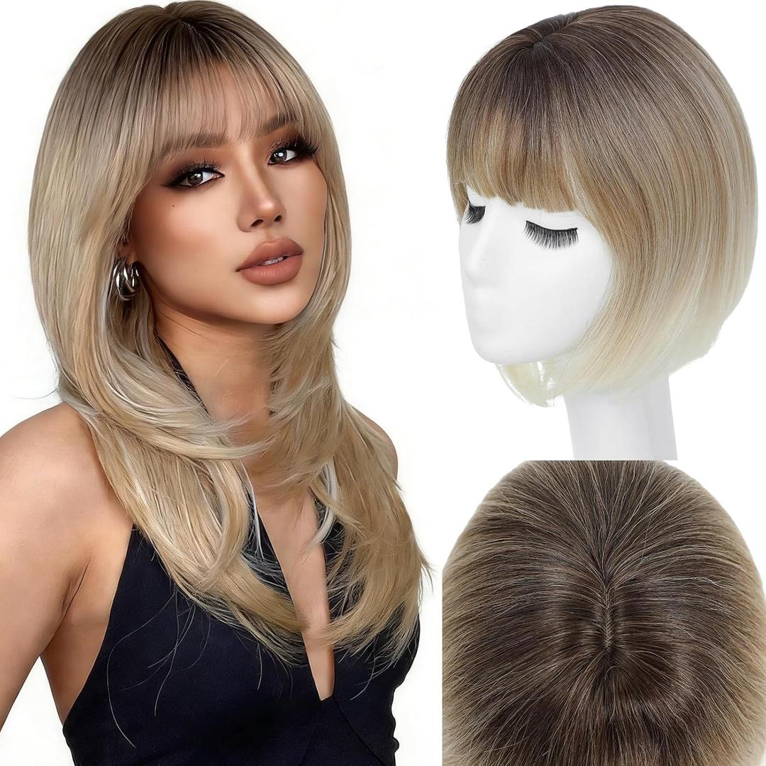 Jinhui Hair Toppers for Women with Thinning Hair, 12 Inch Toppers Hairpieces for Women with Wispy Clip in Bangs Realistic Scalp & Parting Wiglets for Daily Use (RT6/27/613)