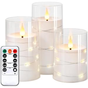NURADA Flickering Flameless Candles: Built-in Star String Lights Acrylic 3D Wick Battery Operated LED Pillar Candles with Remote and Timer for Romantic Mood Home Decoration - 3 Pack Pure White (4''5''6")
