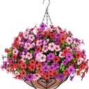 Waipfaru Artificial Flowers for Outdoors, Fake Hanging Plants Flowers with Basket, Faux Green Plant in Metal Coconut Lining Pot, Daisy with Eucalyptus Leaves for Summer Decor(Red Pink Purple)