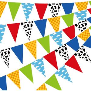 Pasimy 5 Pcs Cartoon Birthday Party Decorations Blue Sky White Clouds and Cow Print Pennant Banners Flags Red Blue Yellow String Triangle Flag Banner for Baby Shower Birthday Party Decorations