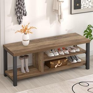 FOLUBAN Shoe Storage Bench, Industrial Entryway Bench, Modern Indoor Wood and Metal Shoe Rack Bench Seat for Bedroom, Hallway, Living Room, Rustic Oak, 47 Inch