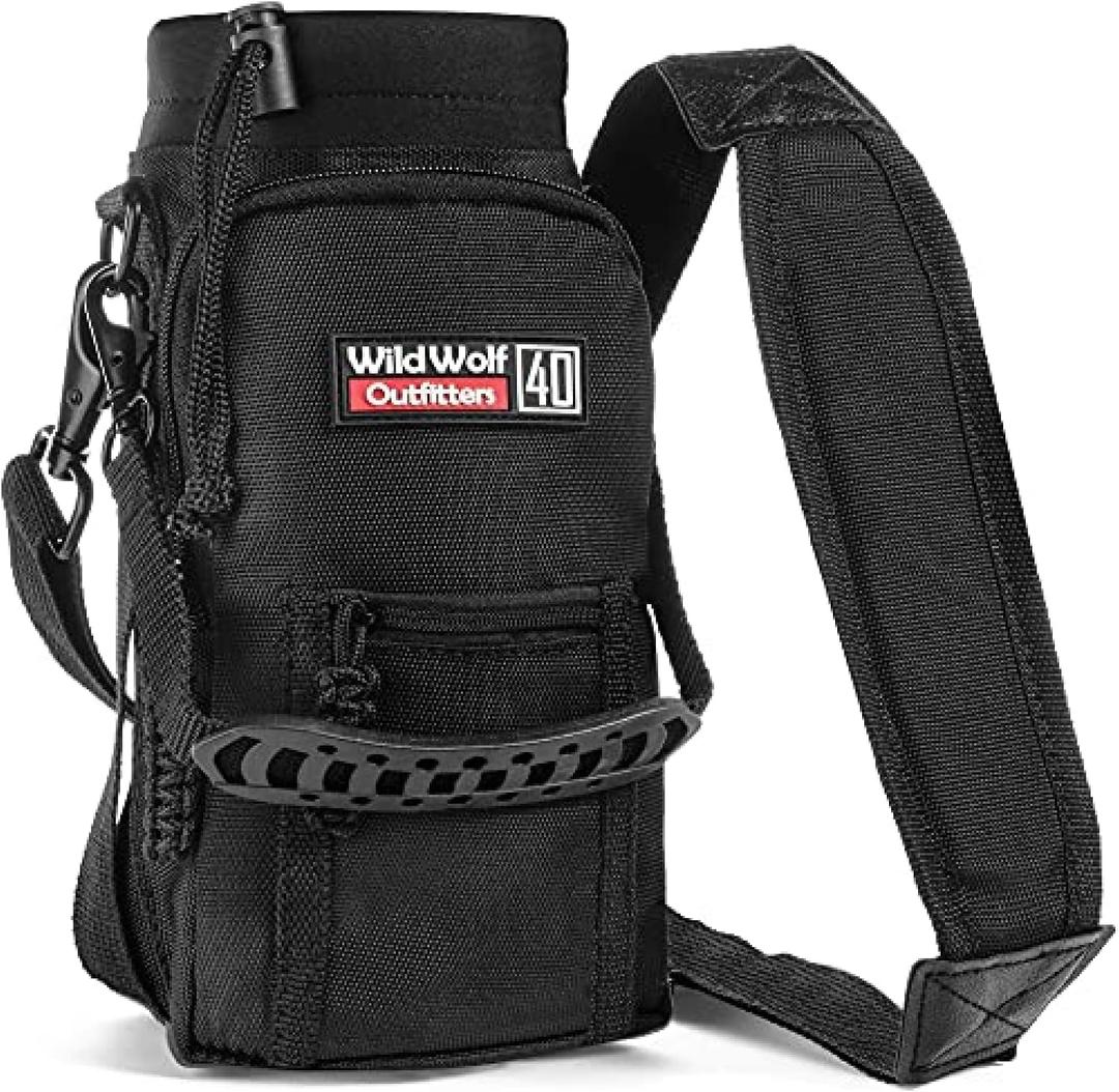 Wild Wolf Outfitters - #1 Best Water Bottle Holder for 40 oz Bottles - Carry, Protect and Insulate Your Flask with This Military Grade Carrier w/ 2 Pockets and an Adjustable Padded Shoulder Strap. (Black)
