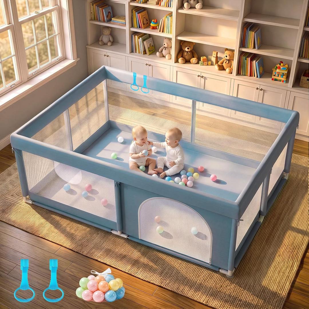Baby Playpen 71x59, Tool‑Free Baby Fence Indoor Outdoor, Blue Gray